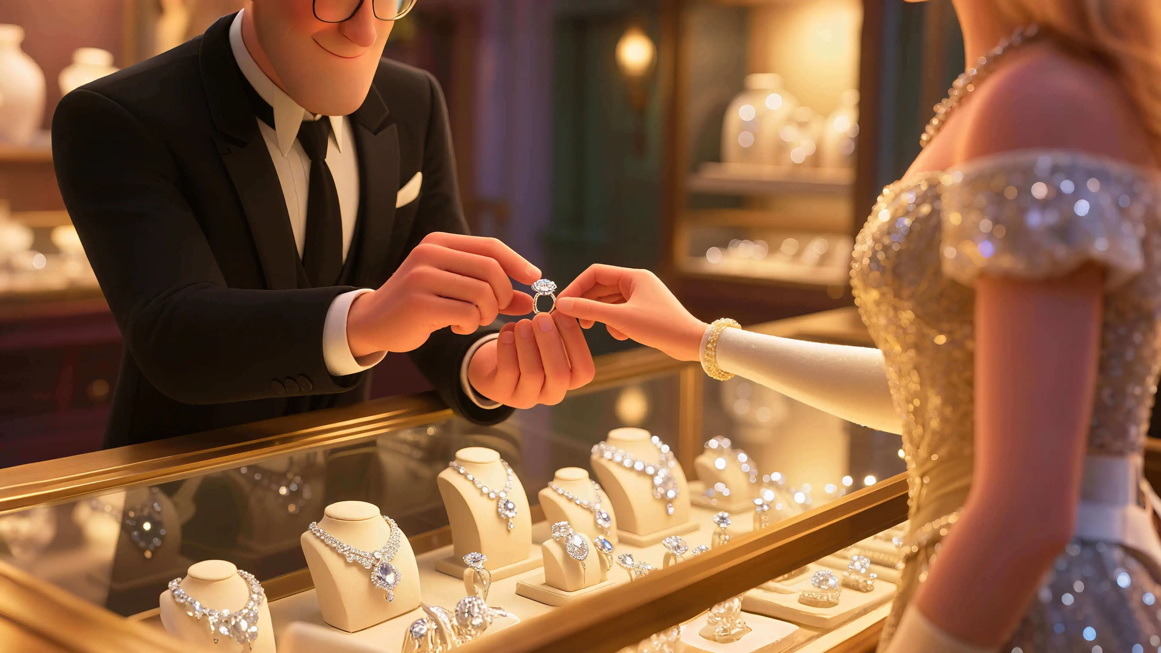 A man help his lover put on a diamond ring