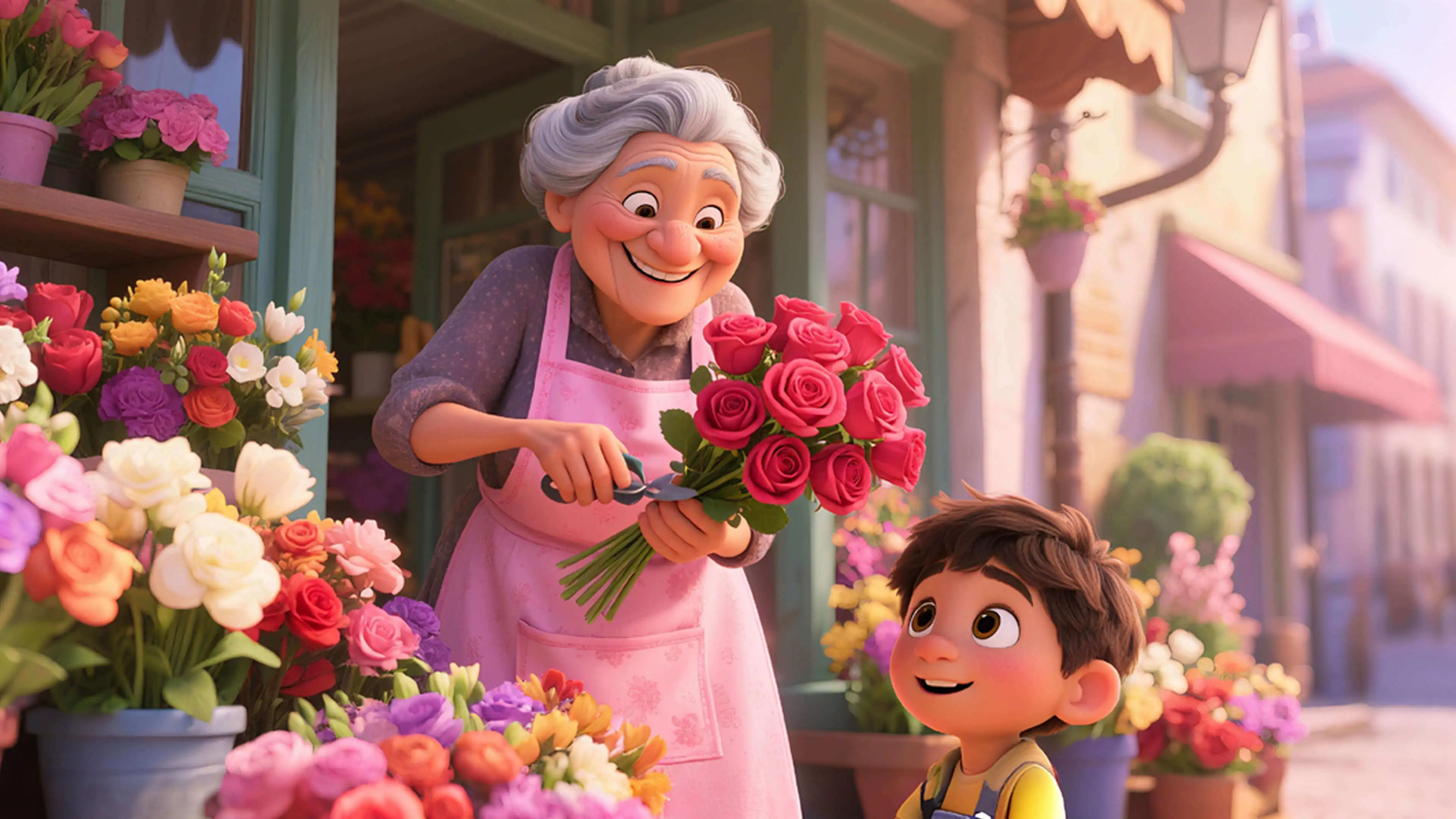 AI generated animation of a grandmother character and her grandson in artistic style