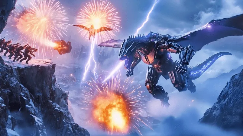 ドラゴンが戦うSFシーン