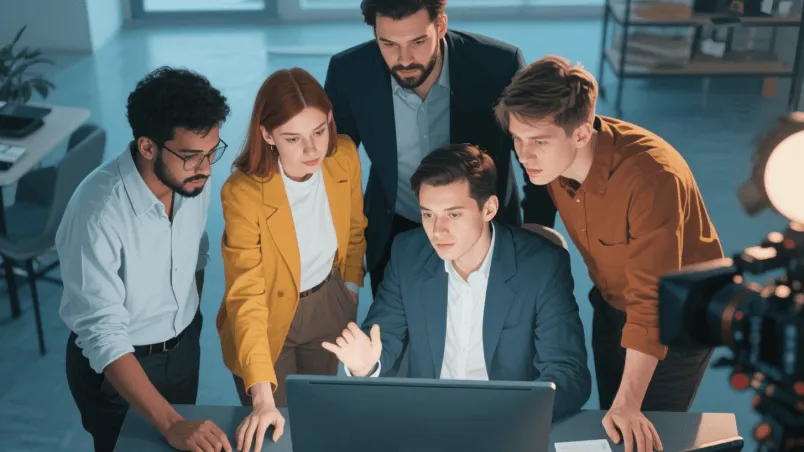 Several people discussing in front of a computer