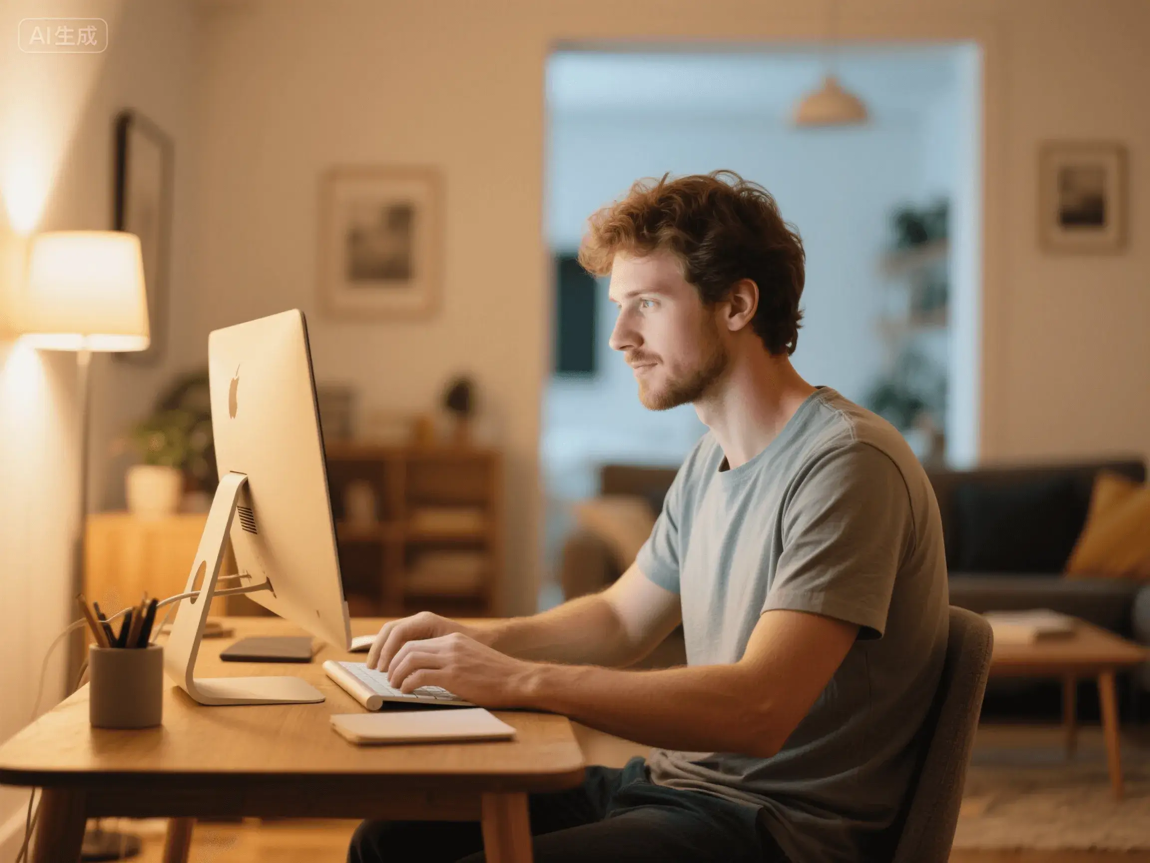 a man is using a computer at home
