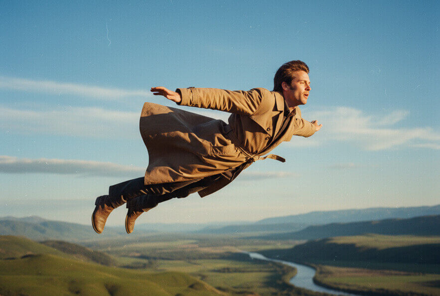 a realistic man soaring through the sky