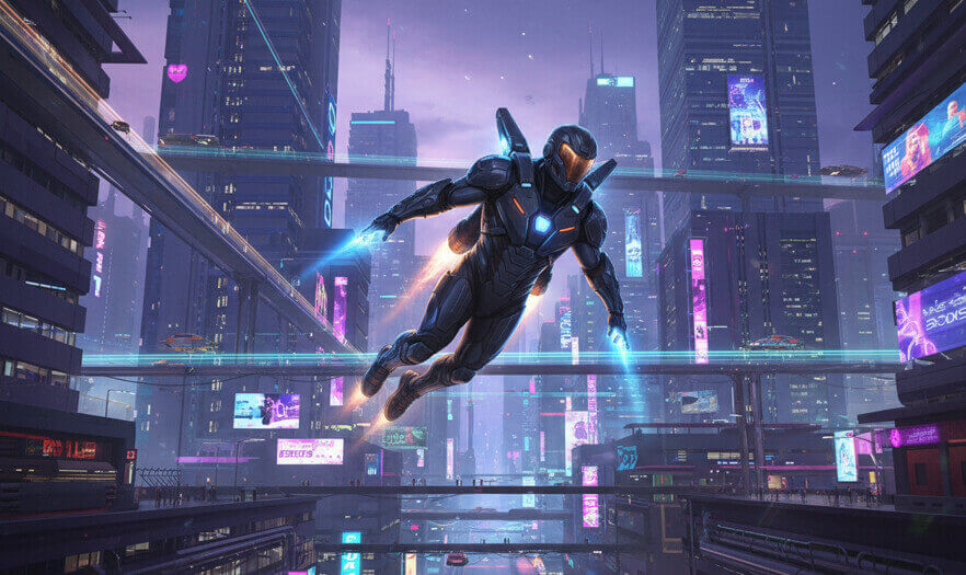 a man flying using a jet-powered suit