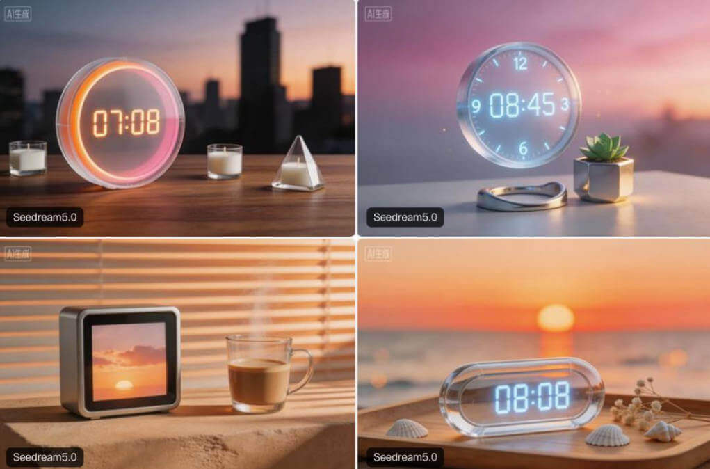 4 pics of futuristic alarm clock generated by Seedream 5.0