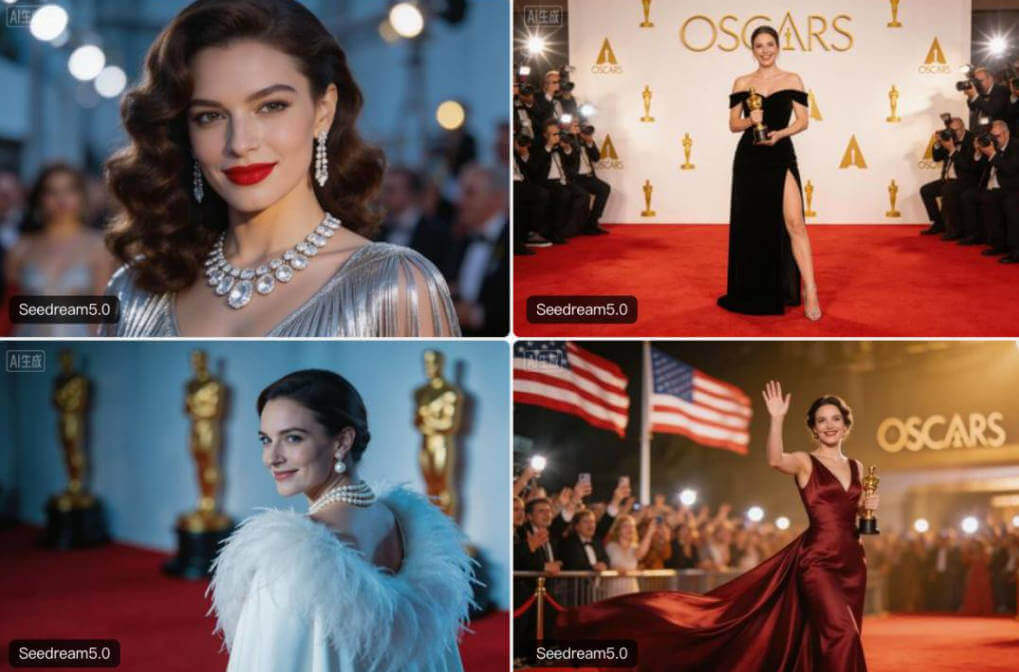 4 pics of latest Oscar winner red carpet style generated by Seedream 5.0
