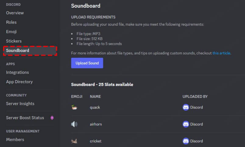 find the soundboard and upload sound