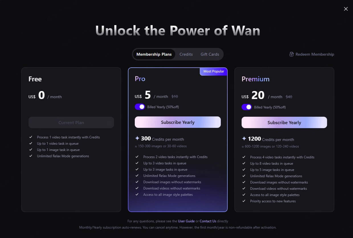 Wan AI's membership plans